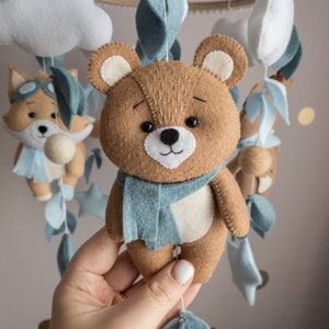 Blue boy baby mobile with forest amimals Crib mobile bear, deer, fox, bunny Woodland nursery decor Blue hanging mobile Felt crib toy image 4