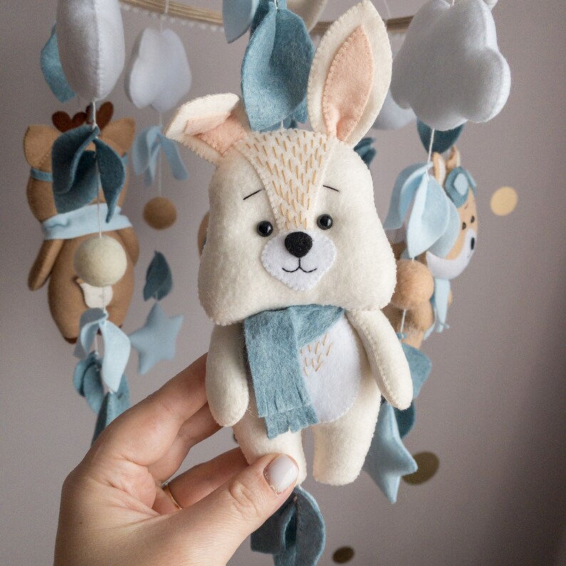 Blue boy baby mobile with forest amimals Crib mobile bear, deer, fox, bunny Woodland nursery decor Blue hanging mobile Felt crib toy image 8