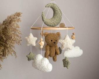 Boucle Crib Baby Mobile with Brown Bear Boucle Moon and Stars Neutral Mobile Baby Boy Girl Shower gift Baby Nursery Decor Cot Mobile