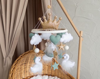 Swan baby mobile for girl, Princess dusty mint nursery mobile