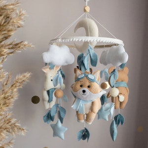 Blue boy baby mobile with forest amimals Crib mobile bear, deer, fox, bunny Woodland nursery decor Blue hanging mobile Felt crib toy image 5