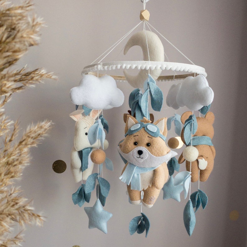 Blue boy baby mobile with forest amimals Crib mobile bear, deer, fox, bunny Woodland nursery decor Blue hanging mobile Felt crib toy image 5