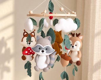 Handmade Felt Forest Animals Crib Mobile, Deer Fox Raccoon Nursery Decor