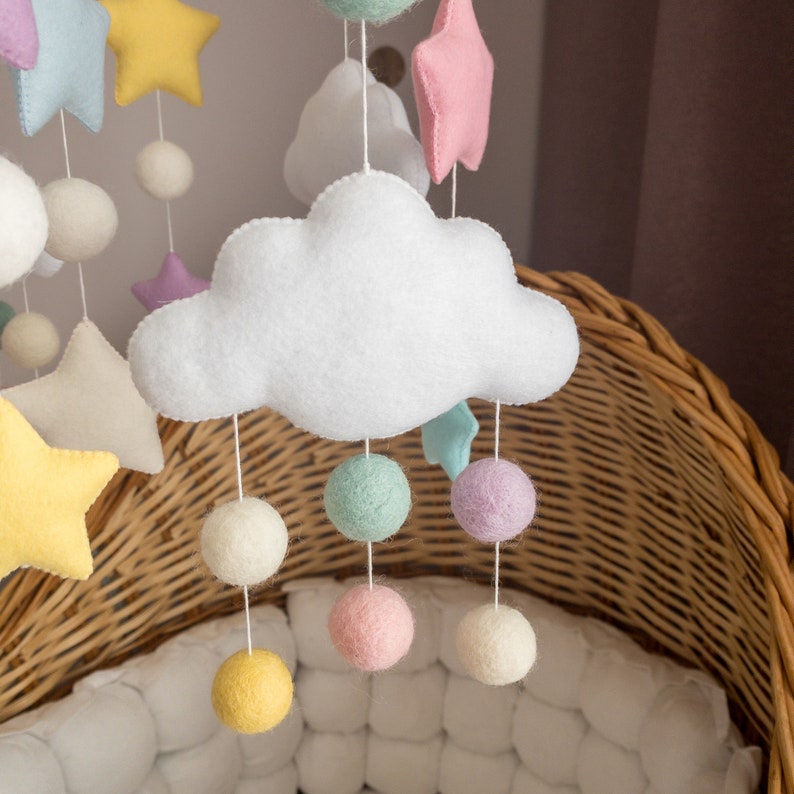 Minimalist Baby Mobile for Girl Сolorful Crib Mobile Wool Balls Mobile Stars and Clouds Mobile image 6