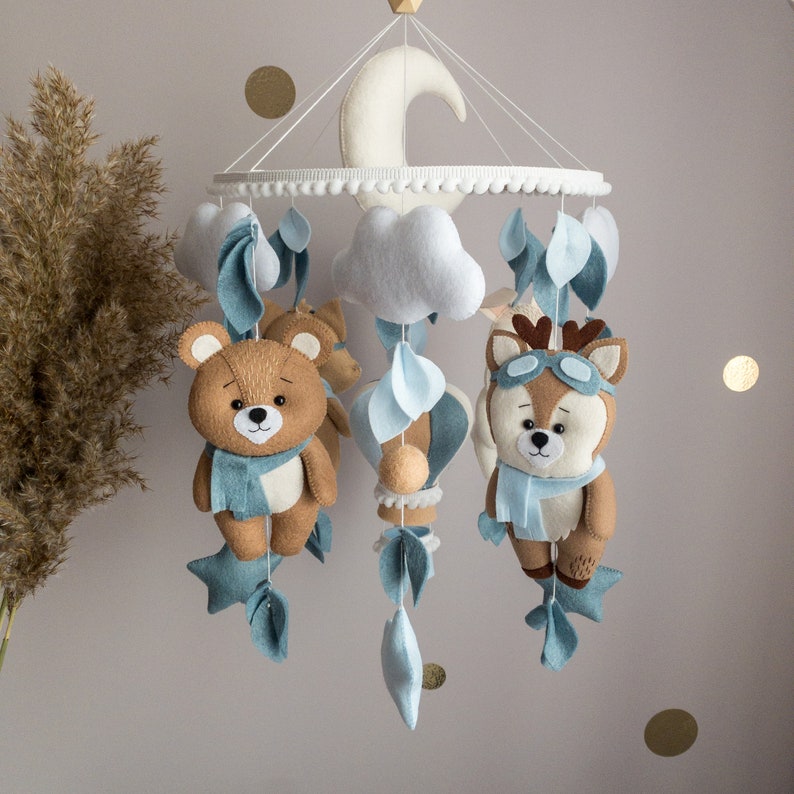 Blue boy baby mobile with forest amimals Crib mobile bear, deer, fox, bunny Woodland nursery decor Blue hanging mobile Felt crib toy image 1