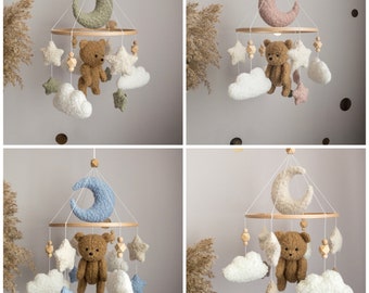 Boucle Baby Mobile with Teddy Bear for Baby Nursery, Neutral gender mobile, Moon and Cloud Mobile, Neutral nursery mobile, Newborn baby gift