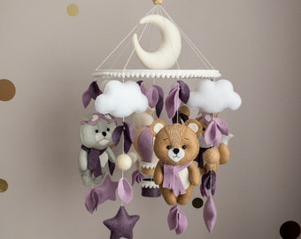 Neutral Baby Mobile for Crib Animals Mobile Purple Baby Mobile Nursery Mobile Purple Nursery decor Bear Cat Fox Mobile Baby Gift