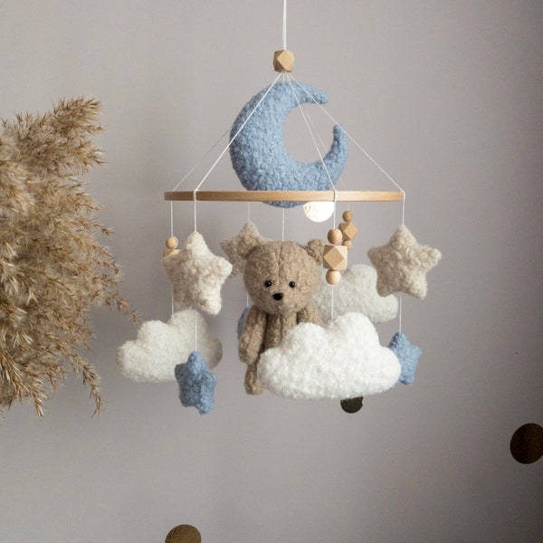 Boucle Blue Baby Mobile Teddy Bear Crib Mobile Boucle Nursery Mobile Clouds Baby Mobile Boucle Nursery Decor Baby shower gift Baby boy gift