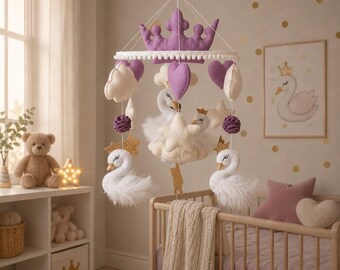 Handmade Swan Baby Mobile, Princess Lavender Crib Decor, Felt Swans, Crown, Stars