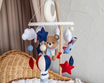 Felt Baby Crib Mobile with Teddy Bear, Airplane, Rainbow, Clouds, Handmade Nursery Decor