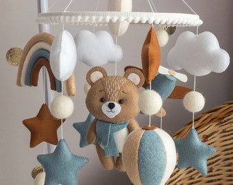 Teddy Bear Baby Mobile Blue Crib Mobile for Boy Felt Bear Crib Mobile Brown Nursery Mobile Teddy Bear Nursery Decor Hanging Mobile