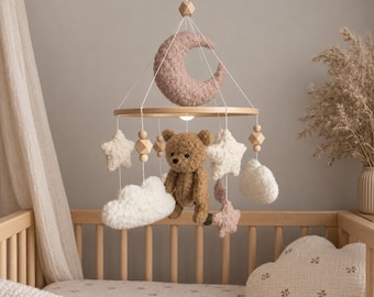 Teddy Bear Crib Mobile, Pink Moon and Clouds Baby Mobile, Neutral Boho Nursery Decor, Wooden Crib Mobile