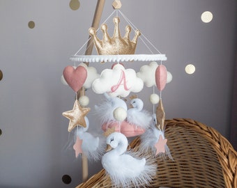 Personalized Swan Baby Mobile, Pink Gold Nursery Mobile, Crown Crib Mobile, Baby Girl Nursery Decor, Swan Mobile, Newborn Girl Gift
