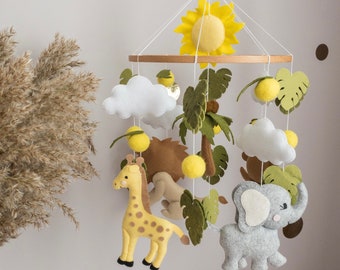 Safari baby mobile boy Jungle Africa animals nursery decor Monkey, giraffe, lion and elephant. Felt crib mobile monstera leaves and palm.