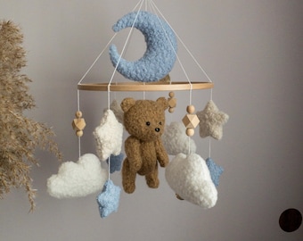 Baby Crib Mobile with Teddy Bear, Nursery Mobile, Moon and Clouds, Neutral Baby Nursery Decor