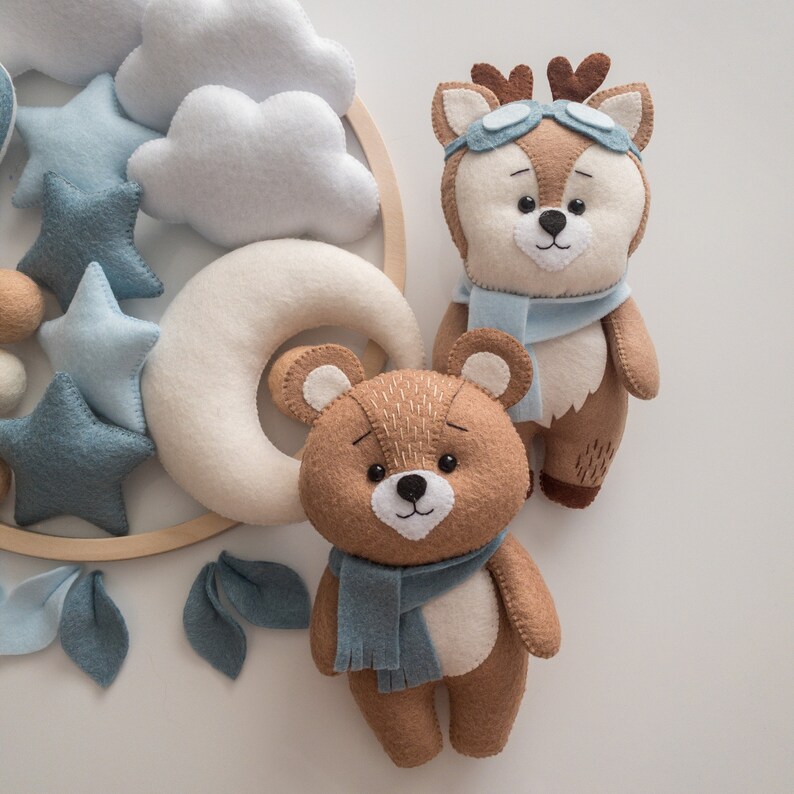 Blue boy baby mobile with forest amimals Crib mobile bear, deer, fox, bunny Woodland nursery decor Blue hanging mobile Felt crib toy image 9