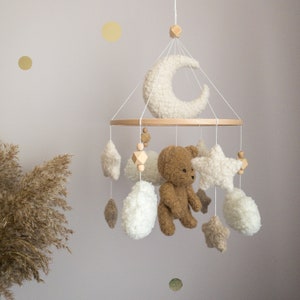 Boucle Baby Mobile Brown Bear Neutral nursery mobile Boho baby mobile Clouds baby crib mobile Minimalist nursery mobile Bear cot mobile image 10