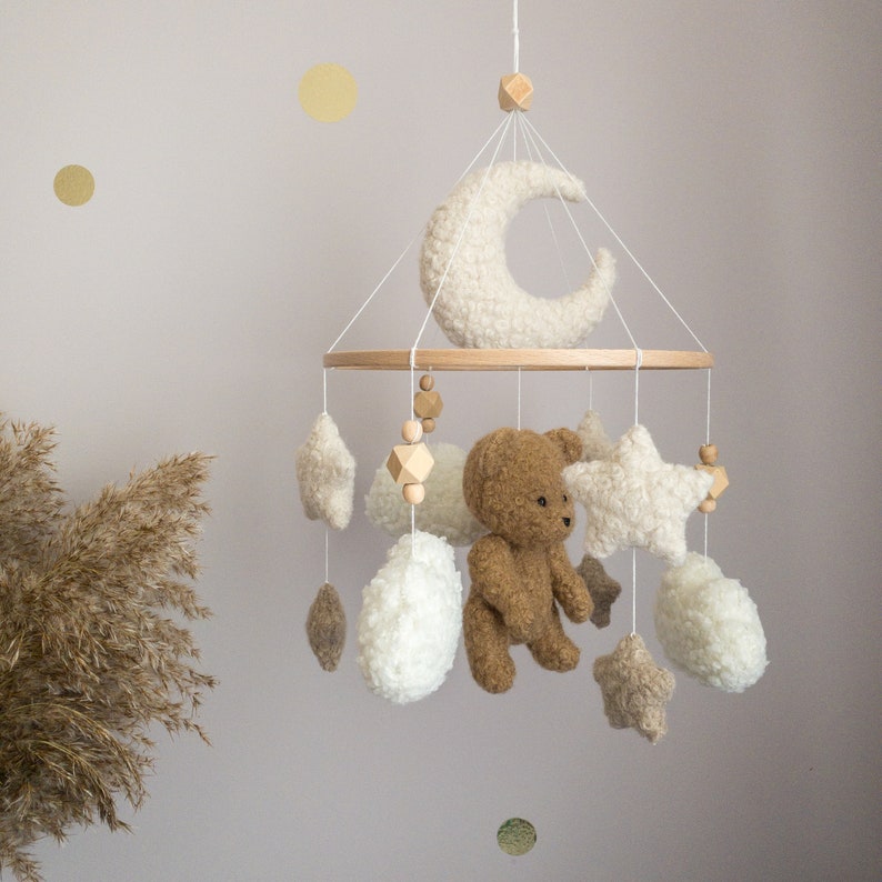 Boucle Baby Mobile Brown Bear Neutral nursery mobile Boho baby mobile Clouds baby crib mobile Minimalist nursery mobile Bear cot mobile image 10