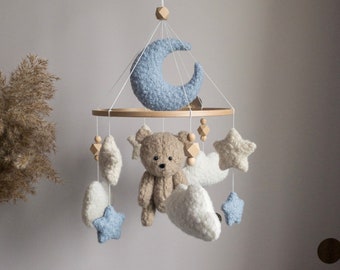 Boucle baby Mobile, Neutral Gender Mobile, Baby Mobile Neutral, Teddy bear mobile , Stars Clouds Crib Mobile, Gift For a Baby, Newborn gift