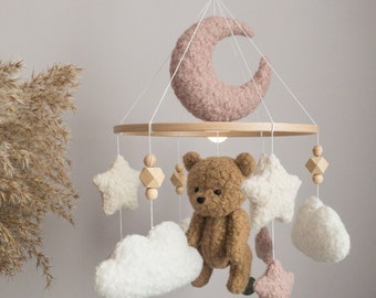 Boucle Wieg Babymobiel met Bruine Beer Roze Boucle Mobiel Meisjesbabymobiel Cloud Babymobiel Moon en Cloud Kinderkamer Neutral Wiegmobiel