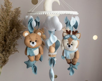 Blue baby mobile for boy, Forest animals crib mobile, Woodland nursery mobile, Blue decor for boy nursery, Bear and bunny mobile