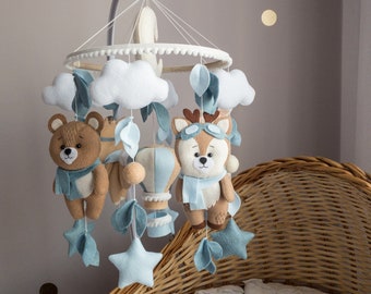 Baby Mobile for Boy Animals Baby Mobile Blue Crib Mobile Bear Mobile Woodland Nursery Mobile Blue Nursery Decor Newborn Baby Gift