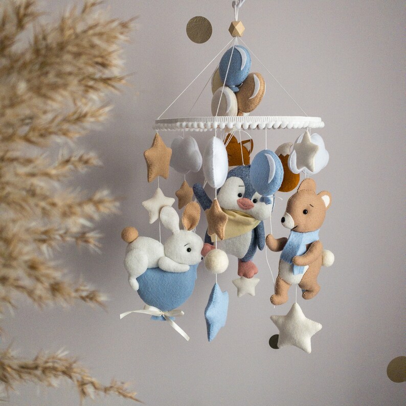 Blue baby mobile for boy, Animals nursery mobile, Penguin crib mobile for nursery decor, Mobile for baby shower gift, Newborn baby gift image 10