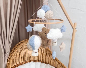 Baby Crib Mobile with Teddy Bear & Hot Air Balloons, Blue Boucle Nursery Mobile, Neutral Baby Mobile, Baby Shower Gift