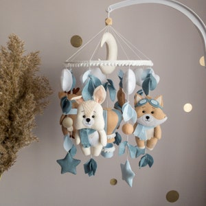 Blue boy baby mobile with forest amimals Crib mobile bear, deer, fox, bunny Woodland nursery decor Blue hanging mobile Felt crib toy image 2