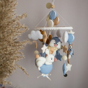 Blue baby mobile for boy, Animals nursery mobile, Penguin crib mobile for nursery decor, Mobile for baby shower gift, Newborn baby gift image 2