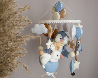Felt Baby Mobile, Woodland Nursery Decor in Blue and Beige, Animal Crib Mobile