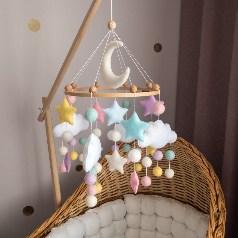 Minimalist Baby Mobile for Girl Сolorful Crib Mobile Wool Balls Mobile Stars and Clouds Mobile image 2