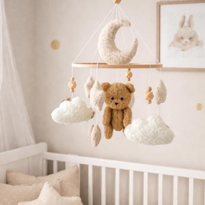 Boucle Bear Moon Cloud Baby Mobile – Neutral Nursery Decor, Shower Gift