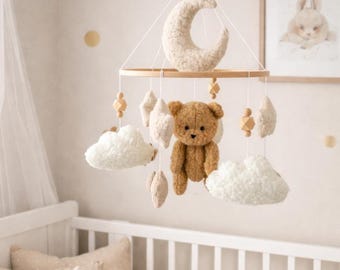 Boucle Bear Moon Cloud Baby Mobile – Neutral Nursery Decor, Shower Gift