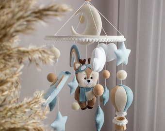 Blue baby boy mobile Flying deer Airplane Rainbow Mobile Felt baby mobile Boy nursery decor Hanging crib mobile Newborn baby shower gift