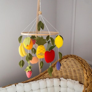 May include: A hanging mobile featuring felt fruit shapes including a yellow banana, orange, pineapple with the name Alice embroidered on it, red apple, strawberry, peach, lemon, and purple plum, all suspended from a circular wooden frame with green leaves.