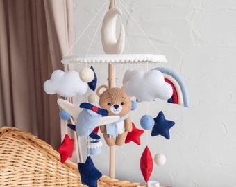 Felt Baby Crib Mobile with Teddy Bear, Airplane & Rainbow | Handmade Nursery Mobile | Neutral Baby Room Decor Gift