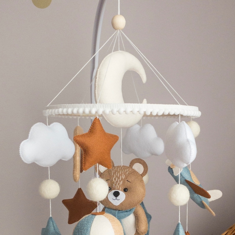 Teddy Bear Baby Mobile Blue Crib Mobile for Boy Felt Bear Crib Mobile ...