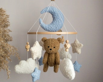 Boucle Blue Baby Mobile Teddy Bear Crib Mobile Boucle Nursery Mobile Clouds Baby Mobile Boucle Nursery Decor Baby shower gift Baby boy gift