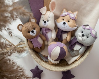 Woodland Baby mobile Woodland Animals mobile Woodland Nursery Decor Neutral Crib Mobile Purple Cot Mobile Cat mobile Bear mobile