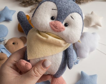 Felt Penguin Stroller Toy, Neutral Pram Mobile with Wooden Beads, Newborn Baby Gift