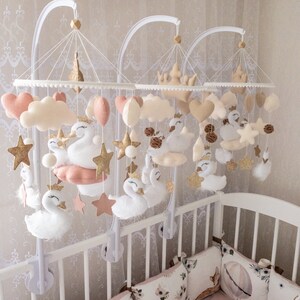 Swan baby mobile for girl with gold stars and beige hearts, Pastel beige mobile for nursery decor, Gift baby mobile for newborn girl image 5