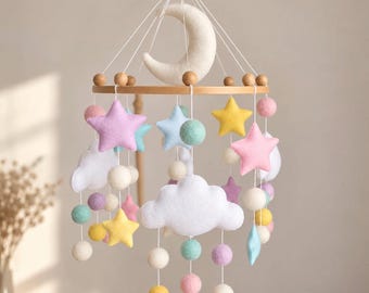 Baby Crib Mobile, Moon and Stars Felt Mobile, Pastel Nursery Decor, Hanging Baby Mobile, Baby Shower Gift, Baby Girl Nursery