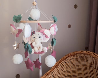 Baby mobile girl pink elephant Butterfly crib mobile Hanging felt mobile Butterfly girl nursery decor Newborn baby shower gift Elephant toy