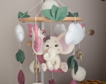 Mobile rose pour fille avec éléphant sur la lune, mobile pour lit de bébé papillon, décoration rose pour chambre d'enfant, mobile pour chambre d'éléphant, cadeau pour nouveau-né