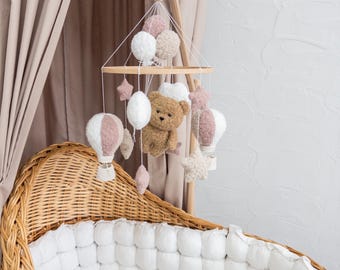 Teddy Bear Baby Mobile with Boucle Hot Air Balloons