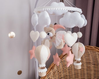 Pink baby mobile for girl Air balloon nursery decor Teddy bear crib mobile Moon and stars felt mobile Newborn girl gift Babyshower girl gift