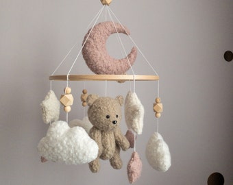 Pink plush mobile with bear for a baby girl's room, Teddy bear baby mobile for girl, Boucle crib mobile for nursery, Newborn baby gift