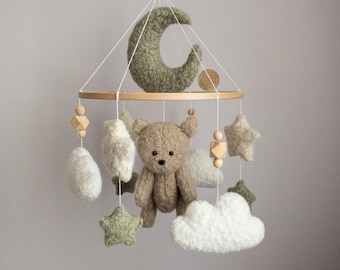 Teddy Bear Nursery Mobile Boucle Cloud Mobile Green Boucle Crib Mobile Bear Hanging Mobile Baby Shower Bear Gift Neutral Nursery Cot Mobile
