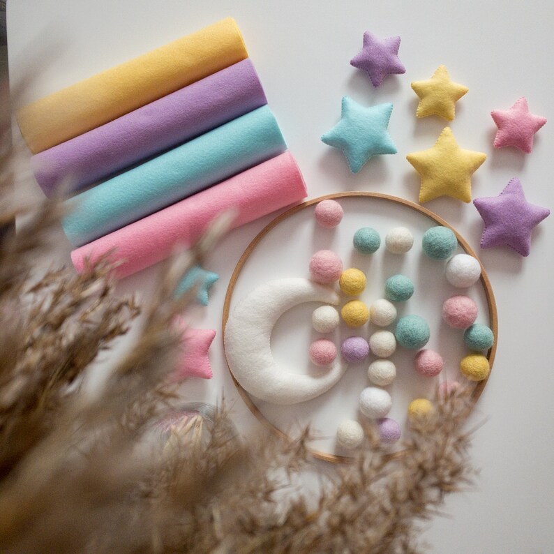 Minimalist Baby Mobile for Girl Сolorful Crib Mobile Wool Balls Mobile Stars and Clouds Mobile image 7